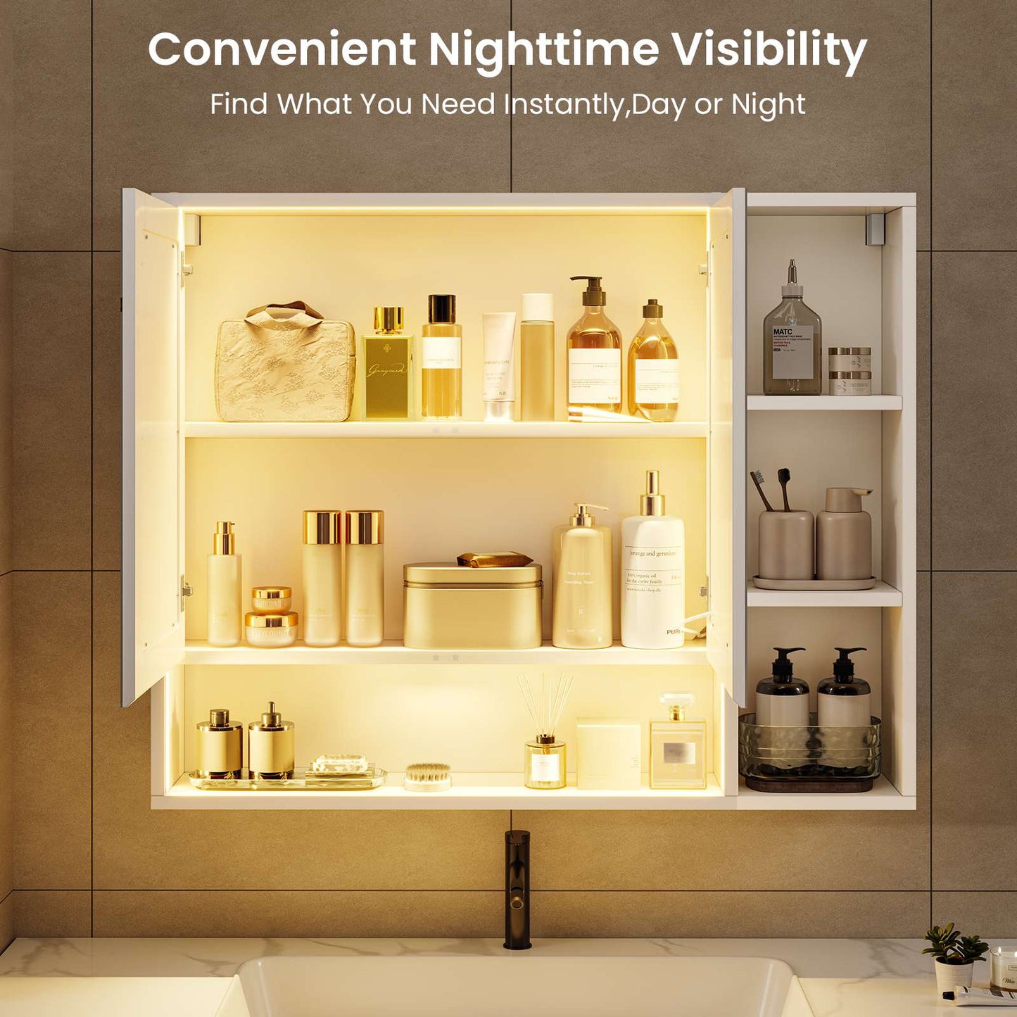 Hasuit | Lighted Medicine Cabinet with Mirror and Open Storage Modern Bathroom Cabinet with Adjustable Shelves