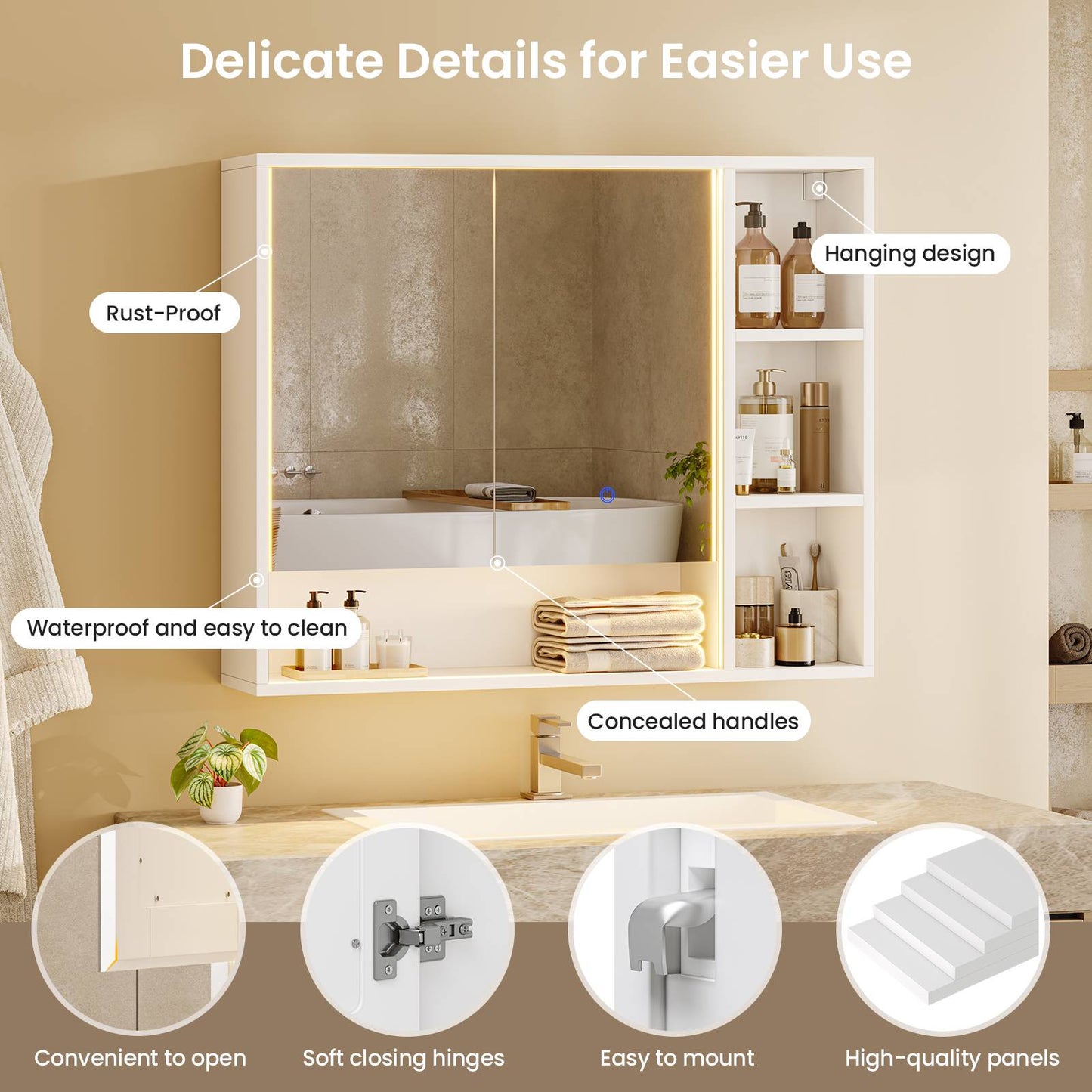 Hasuit | Lighted Medicine Cabinet with Mirror and Open Storage Modern Bathroom Cabinet with Adjustable Shelves