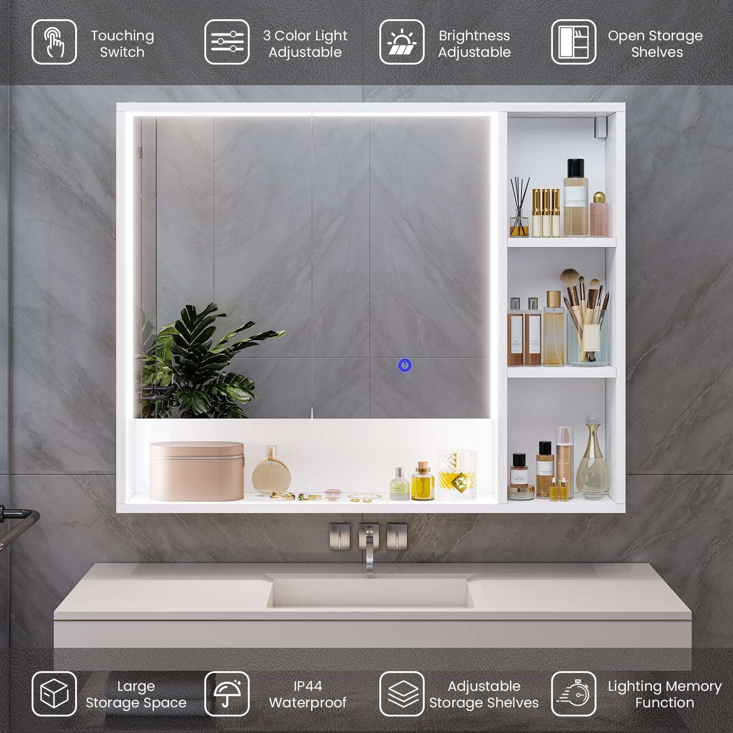 Hasuit | Lighted Medicine Cabinet with Mirror and Open Storage Modern Bathroom Cabinet with Adjustable Shelves