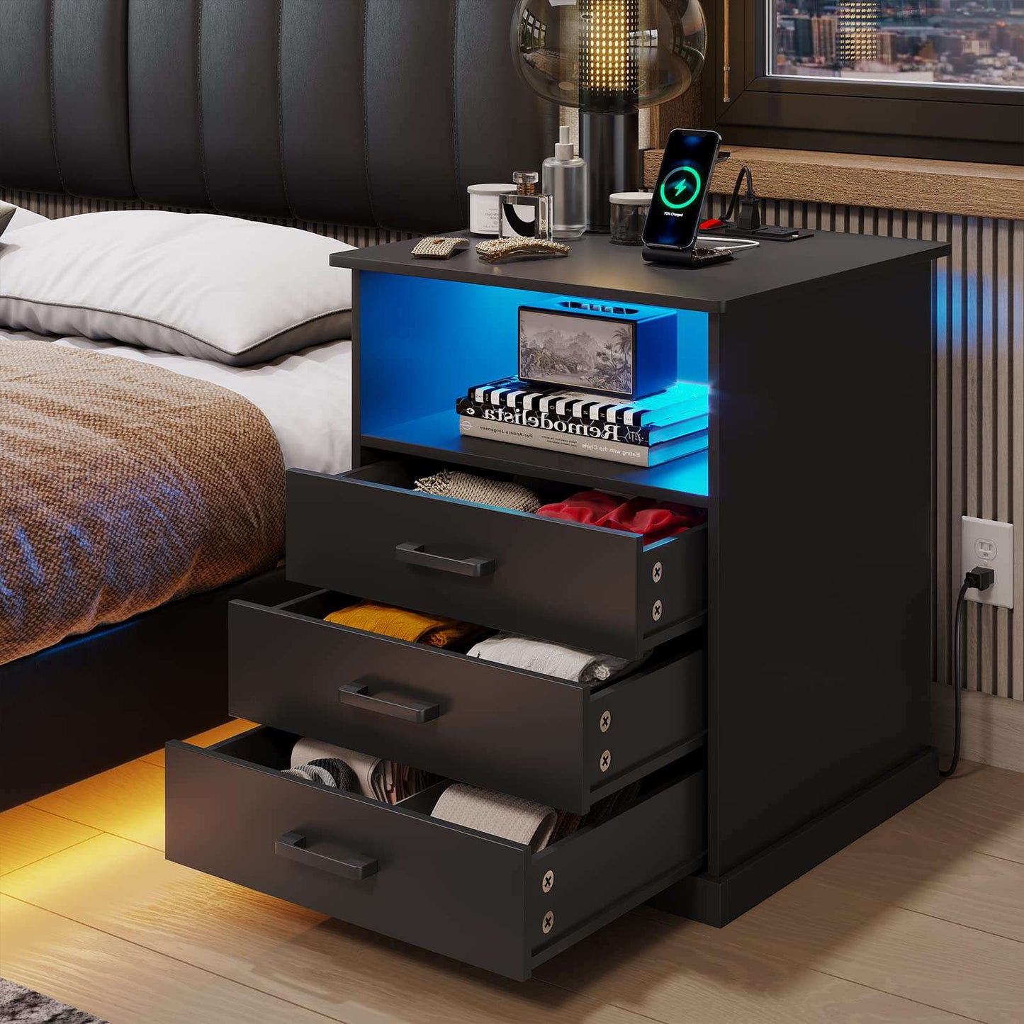 Hasuit | Nightstand with Charging Station and LED Lights Large Bedside Table with 3 Storage Drawer Wider Tabletop
