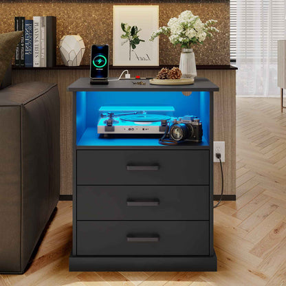 Hasuit | Nightstand with Charging Station and LED Lights Large Bedside Table with 3 Storage Drawer Wider Tabletop