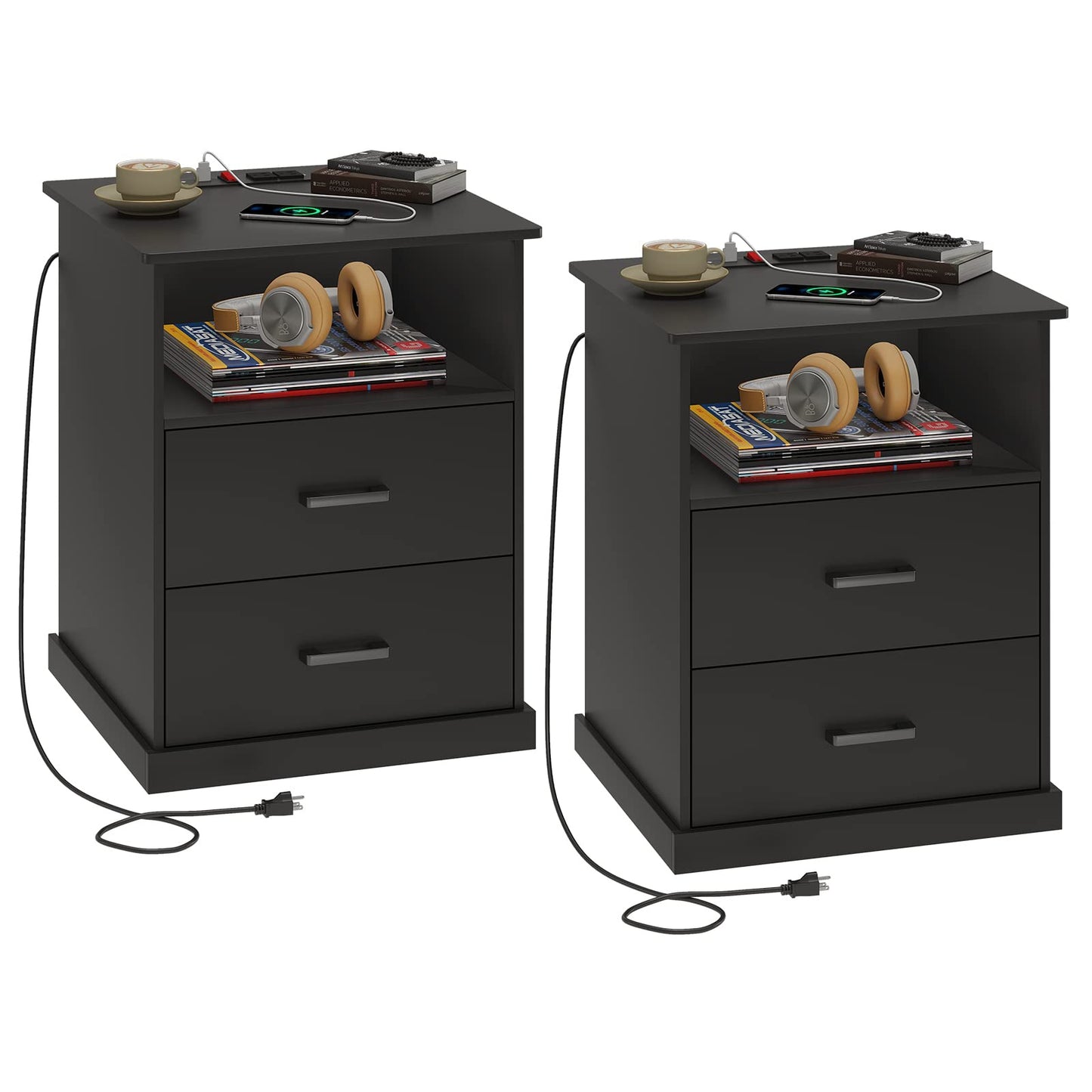 Hasuit | Nightstand with Charging Station and 2 Storage Drawers Large Nightstands with Open Cubby Wider Tabletop