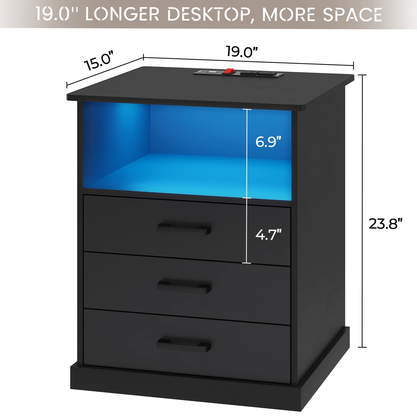 Hasuit | Nightstand with Charging Station and LED Lights Large Bedside Table with 3 Storage Drawer Wider Tabletop