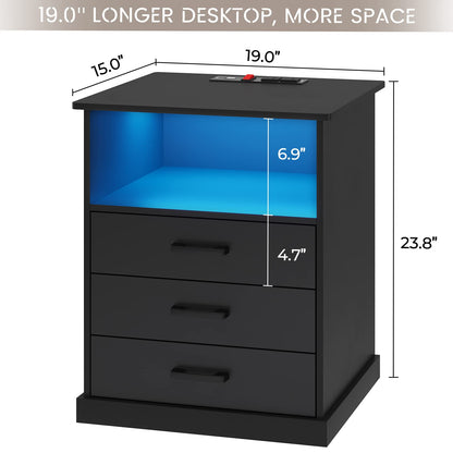 Hasuit | Nightstand with Charging Station and LED Lights Large Bedside Table with 3 Storage Drawer Wider Tabletop