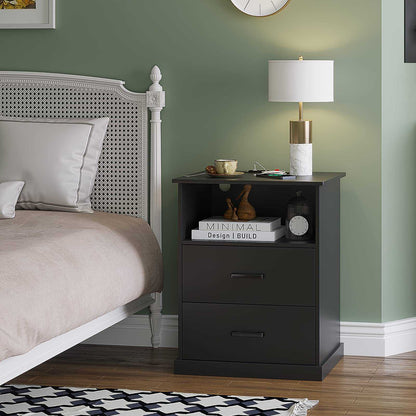 Hasuit | Nightstand with Charging Station and 2 Storage Drawers Large Nightstands with Open Cubby Wider Tabletop