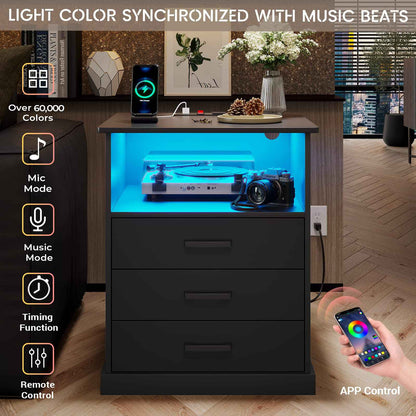 Hasuit | Nightstand with Charging Station and LED Lights Large Bedside Table with 3 Storage Drawer Wider Tabletop