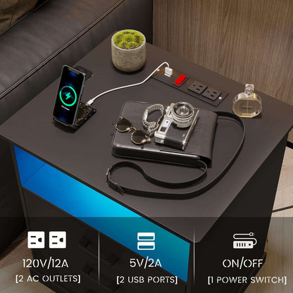 Hasuit | Nightstand with Charging Station and LED Lights Large Bedside Table with 3 Storage Drawer Wider Tabletop