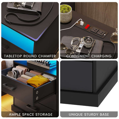 Hasuit | Nightstand with Charging Station and LED Lights Large Bedside Table with 3 Storage Drawer Wider Tabletop