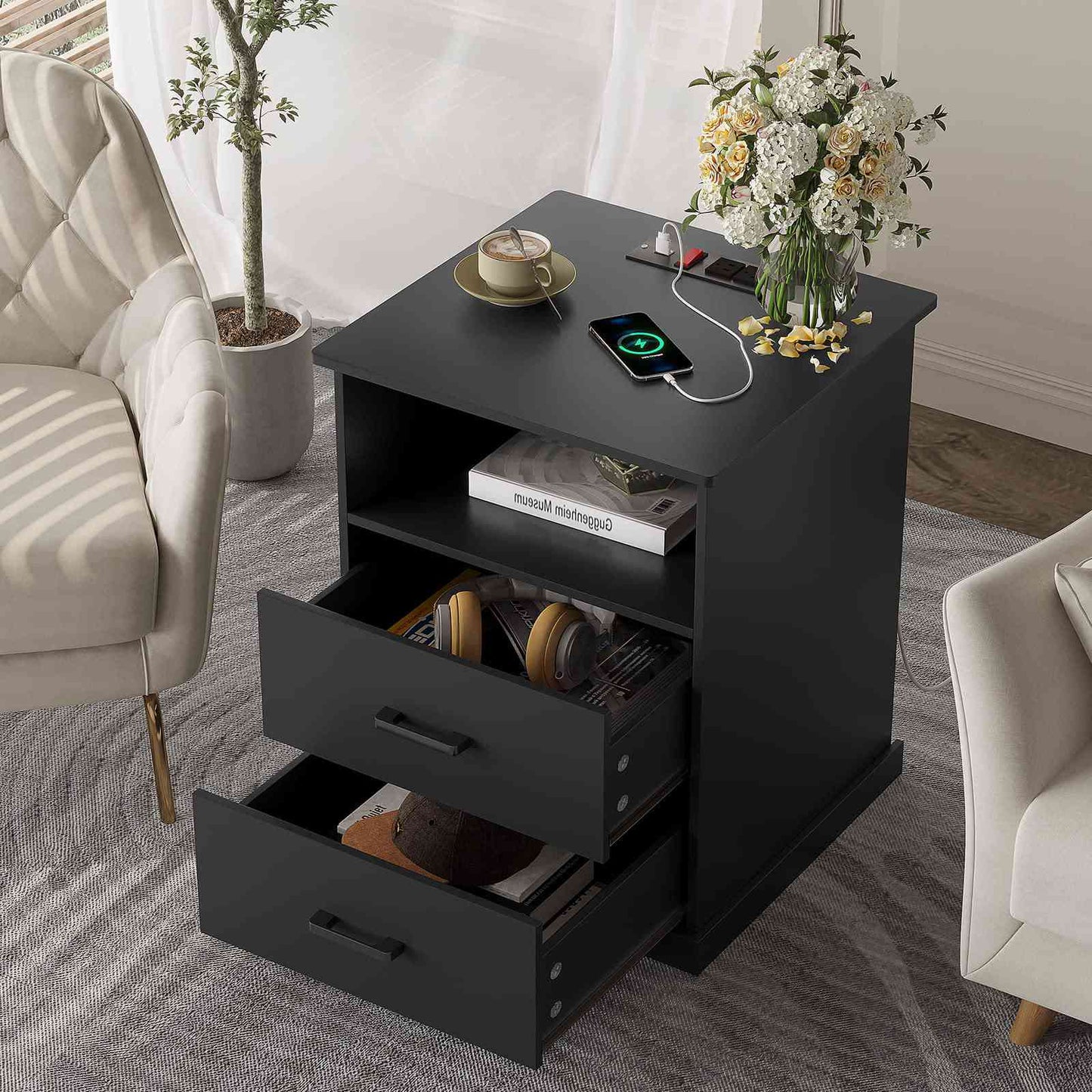 Hasuit | Nightstand with Charging Station and 2 Storage Drawers Large Nightstands with Open Cubby Wider Tabletop
