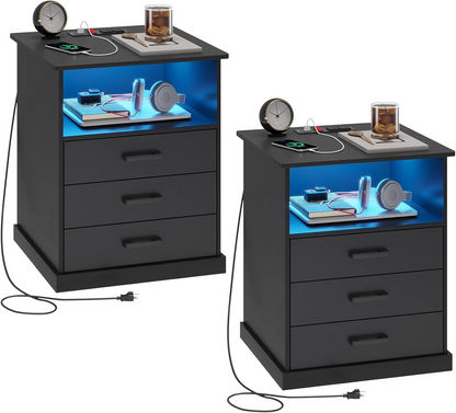 Hasuit | Nightstand with Charging Station and LED Lights Large Bedside Table with 3 Storage Drawer Wider Tabletop