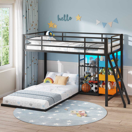Hasuit | Bunk Bed Twin Over Twin Size with Large Toy Storage Organizer and 3 Bins L Shaped Bunk Beds with LED Lights