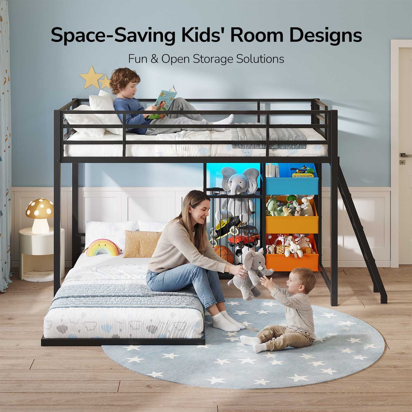 Hasuit | Bunk Bed Twin Over Twin Size with Large Toy Storage Organizer and 3 Bins L Shaped Bunk Beds with LED Lights