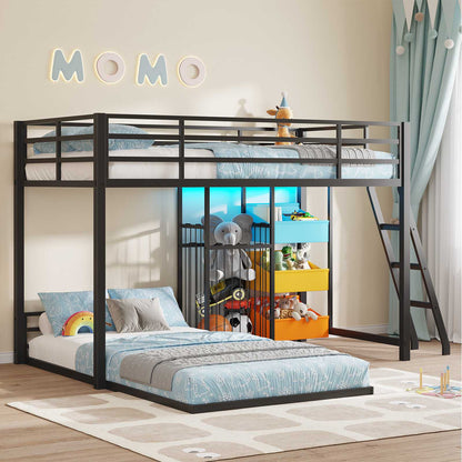 Hasuit | Bunk Bed Twin Over Twin Size with Large Toy Storage Organizer and 3 Bins L Shaped Bunk Beds with LED Lights