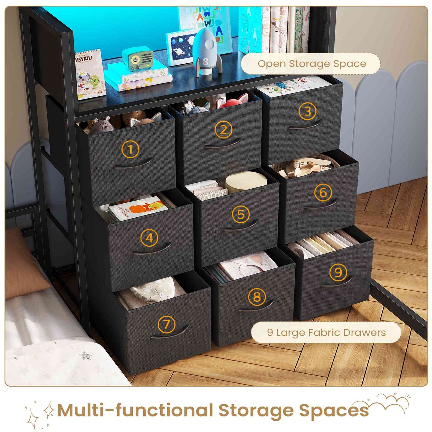 Hasuit | Twin Over Twin Bunk Bed with 9 Storage Drawers Bunk Beds for Kids with LED Lights and Charging Station