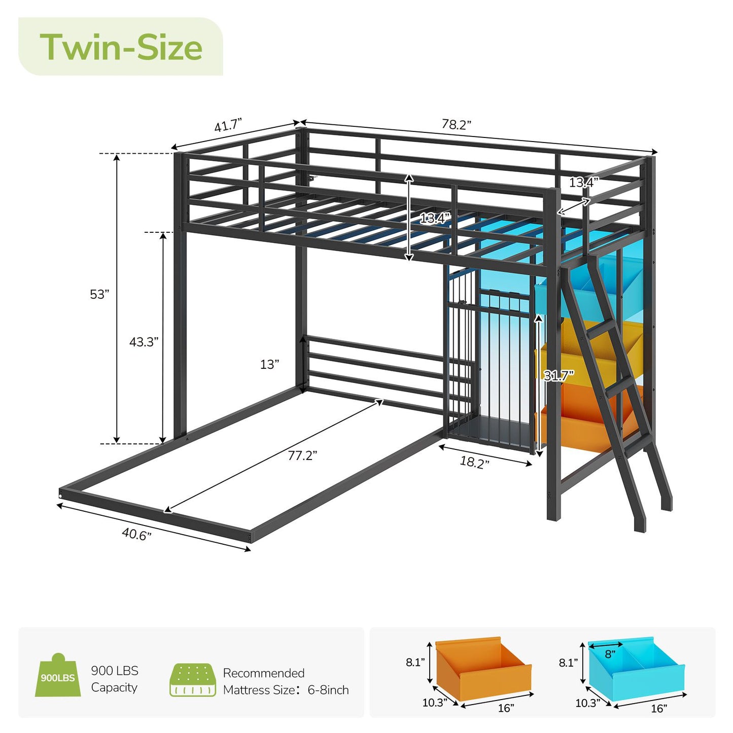 Hasuit | Bunk Bed Twin Over Twin Size with Large Toy Storage Organizer and 3 Bins L Shaped Bunk Beds with LED Lights