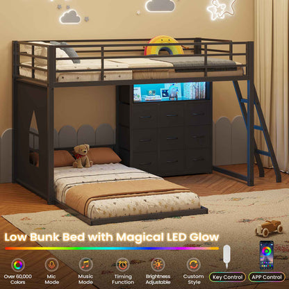 Hasuit | Twin Over Twin Bunk Bed with 9 Storage Drawers Bunk Beds for Kids with LED Lights and Charging Station