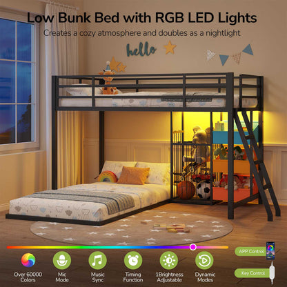 Hasuit | Bunk Bed Twin Over Twin Size with Large Toy Storage Organizer and 3 Bins L Shaped Bunk Beds with LED Lights