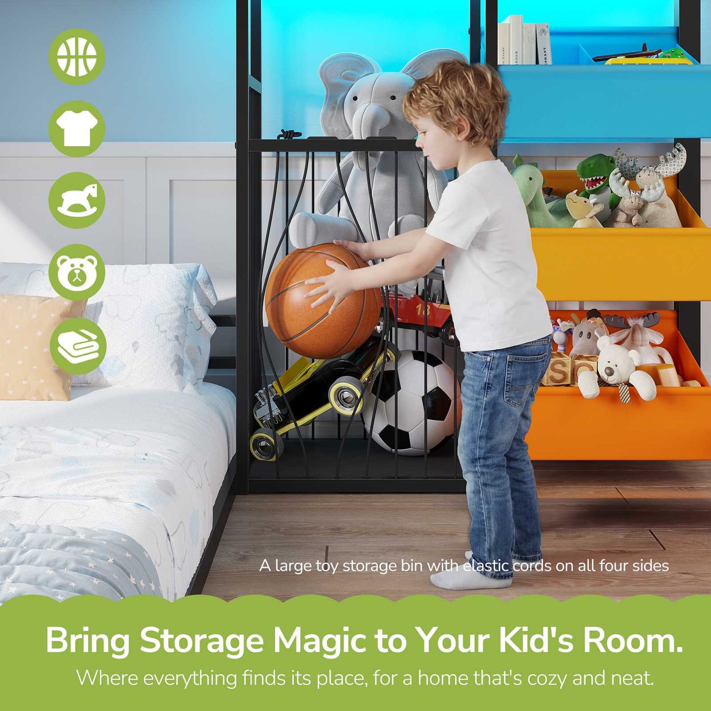 Hasuit | Bunk Bed Twin Over Twin Size with Large Toy Storage Organizer and 3 Bins L Shaped Bunk Beds with LED Lights