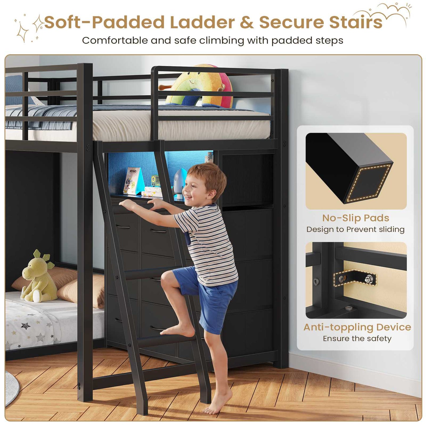 Hasuit | Twin Over Twin Bunk Bed with 9 Storage Drawers Bunk Beds for Kids with LED Lights and Charging Station