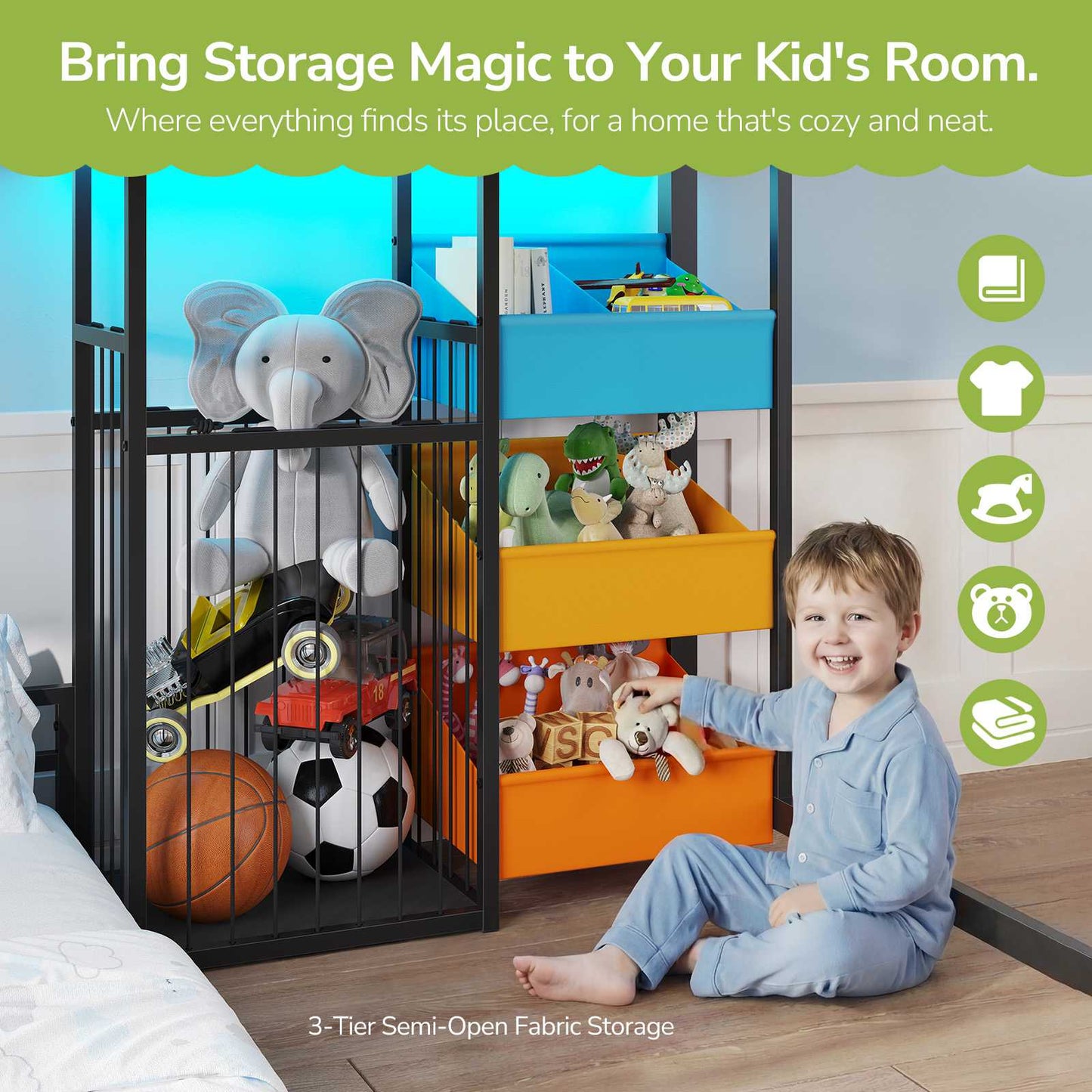 Hasuit | Bunk Bed Twin Over Twin Size with Large Toy Storage Organizer and 3 Bins L Shaped Bunk Beds with LED Lights