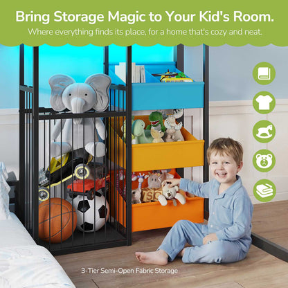 Hasuit | Bunk Bed Twin Over Twin Size with Large Toy Storage Organizer and 3 Bins L Shaped Bunk Beds with LED Lights