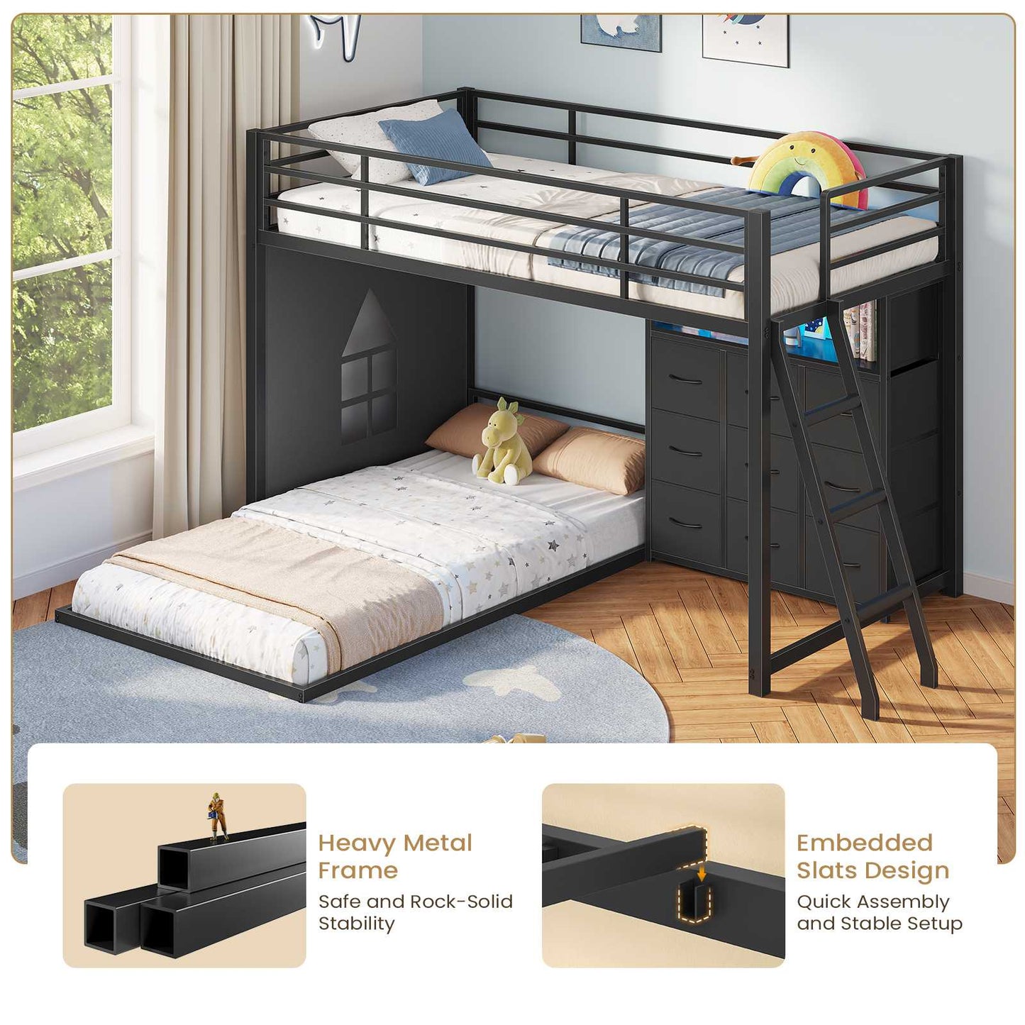 Hasuit | Twin Over Twin Bunk Bed with 9 Storage Drawers Bunk Beds for Kids with LED Lights and Charging Station