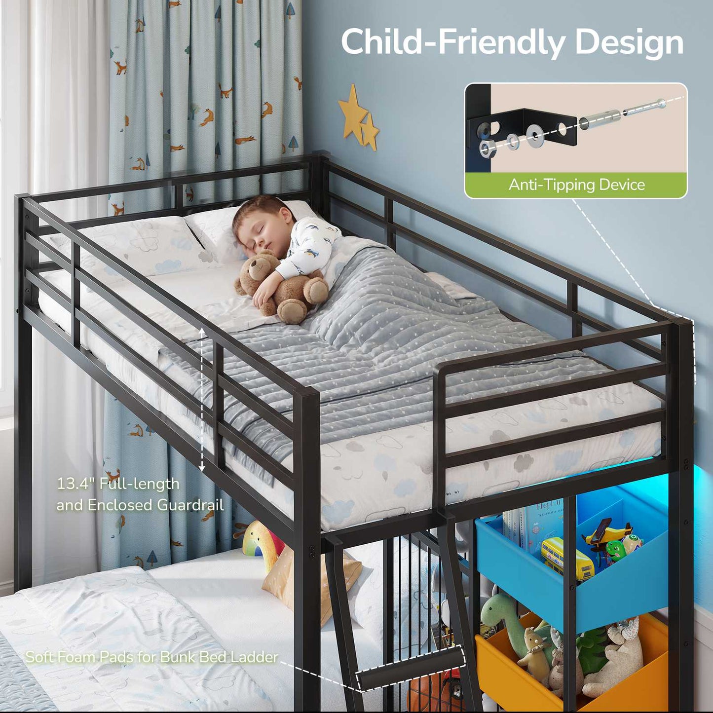 Hasuit | Bunk Bed Twin Over Twin Size with Large Toy Storage Organizer and 3 Bins L Shaped Bunk Beds with LED Lights