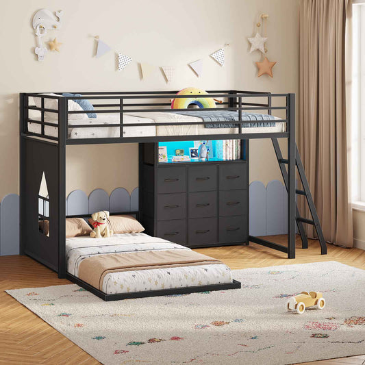 Hasuit | Twin Over Twin Bunk Bed with 9 Storage Drawers Bunk Beds for Kids with LED Lights and Charging Station
