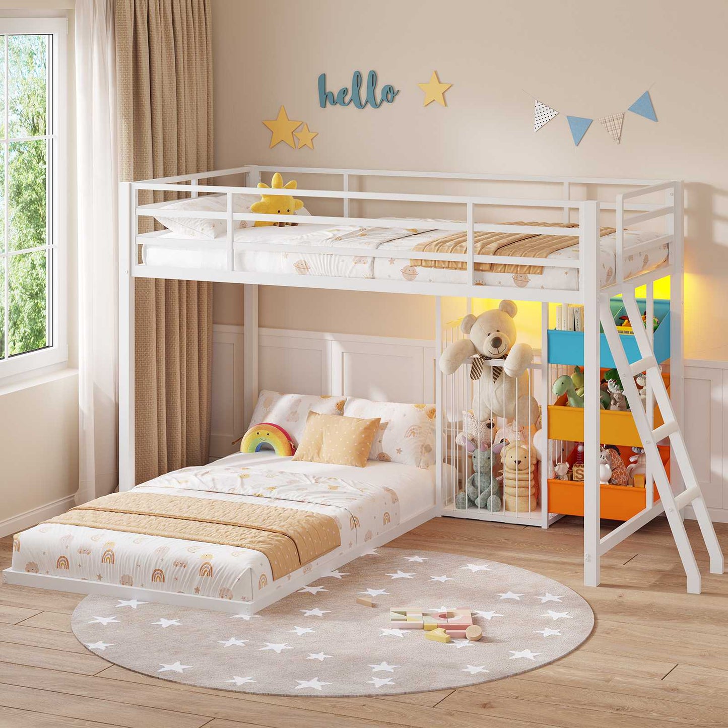 Hasuit | Bunk Bed Twin Over Twin Size with Large Toy Storage Organizer and 3 Bins L Shaped Bunk Beds with LED Lights