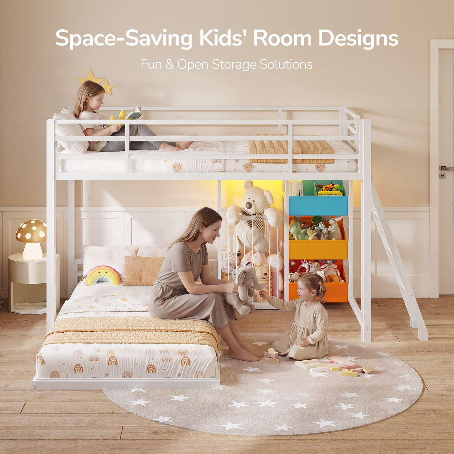 Hasuit | Bunk Bed Twin Over Twin Size with Large Toy Storage Organizer and 3 Bins L Shaped Bunk Beds with LED Lights