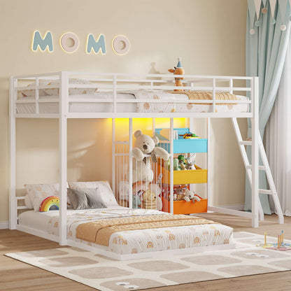 Hasuit | Bunk Bed Twin Over Twin Size with Large Toy Storage Organizer and 3 Bins L Shaped Bunk Beds with LED Lights