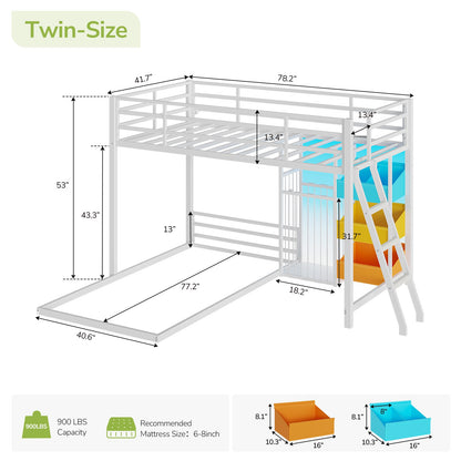 Hasuit | Bunk Bed Twin Over Twin Size with Large Toy Storage Organizer and 3 Bins L Shaped Bunk Beds with LED Lights