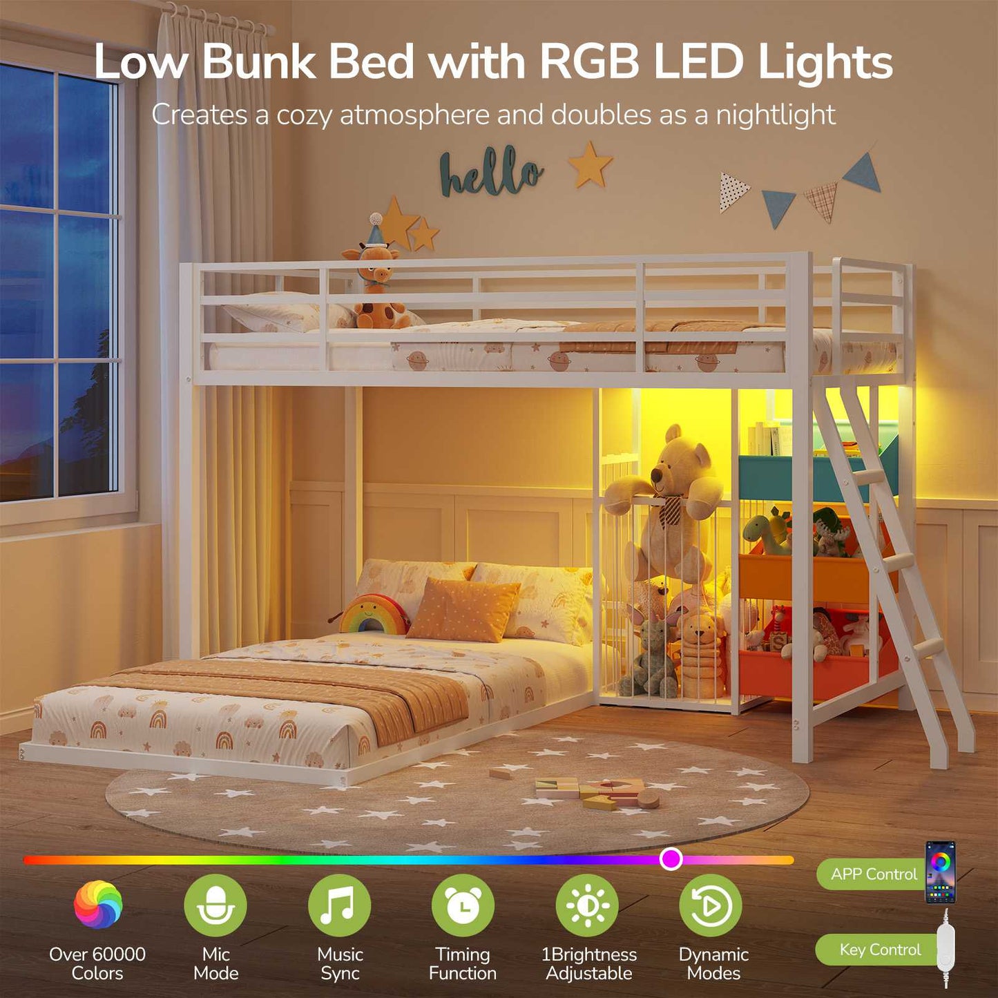 Hasuit | Bunk Bed Twin Over Twin Size with Large Toy Storage Organizer and 3 Bins L Shaped Bunk Beds with LED Lights