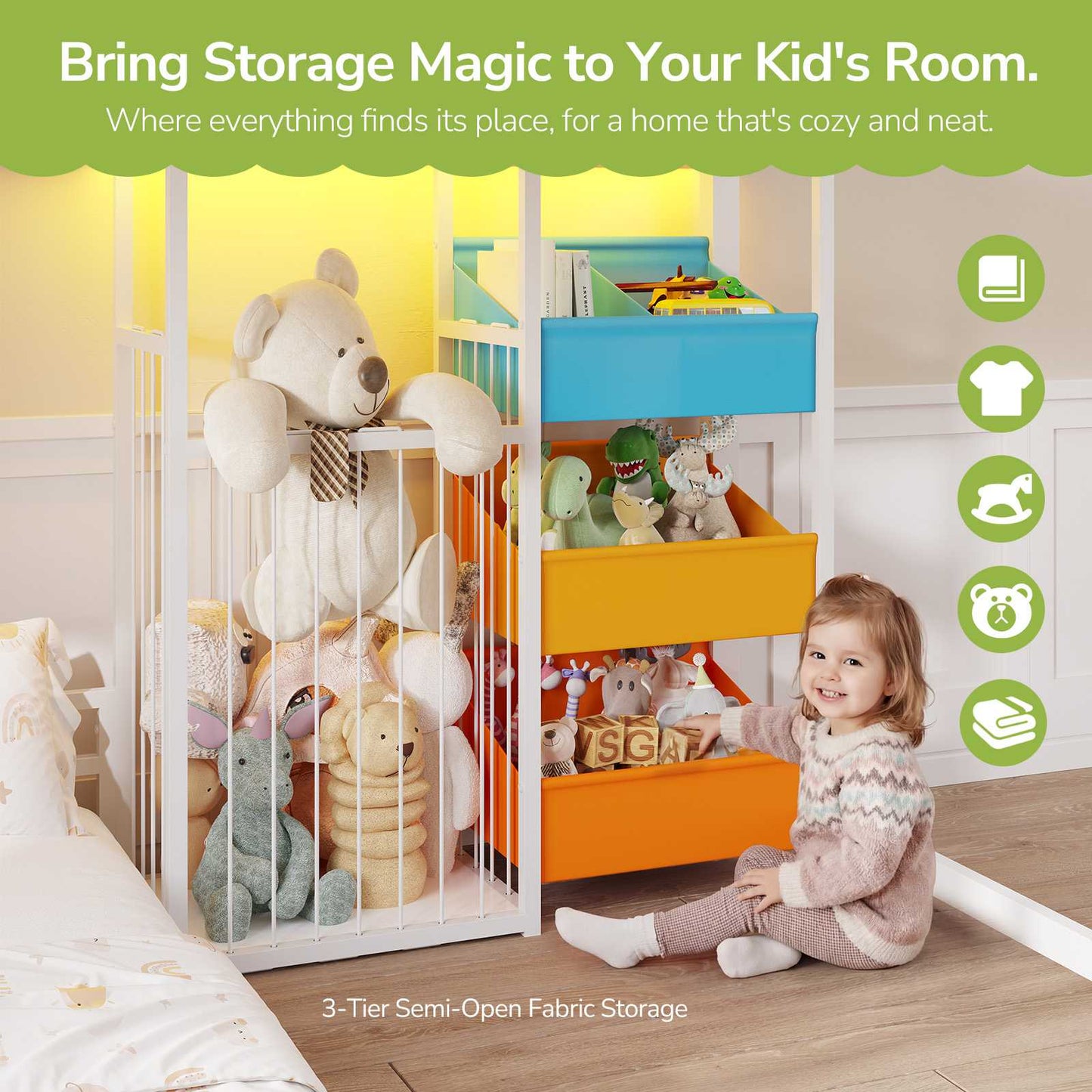 Hasuit | Bunk Bed Twin Over Twin Size with Large Toy Storage Organizer and 3 Bins L Shaped Bunk Beds with LED Lights