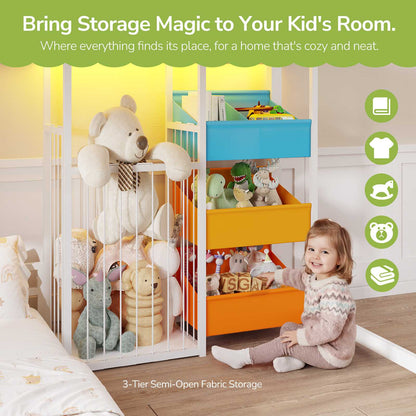 Hasuit | Bunk Bed Twin Over Twin Size with Large Toy Storage Organizer and 3 Bins L Shaped Bunk Beds with LED Lights