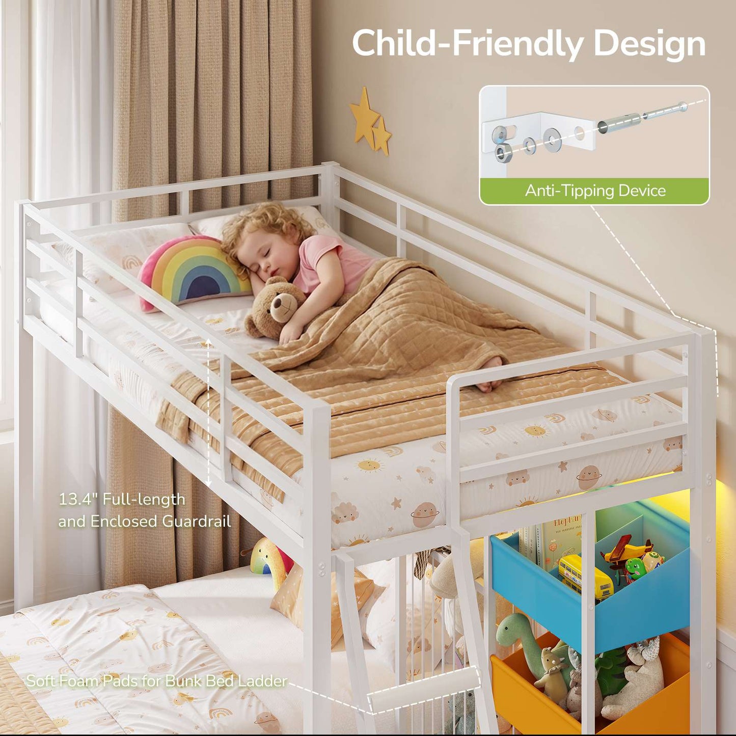 Hasuit | Bunk Bed Twin Over Twin Size with Large Toy Storage Organizer and 3 Bins L Shaped Bunk Beds with LED Lights