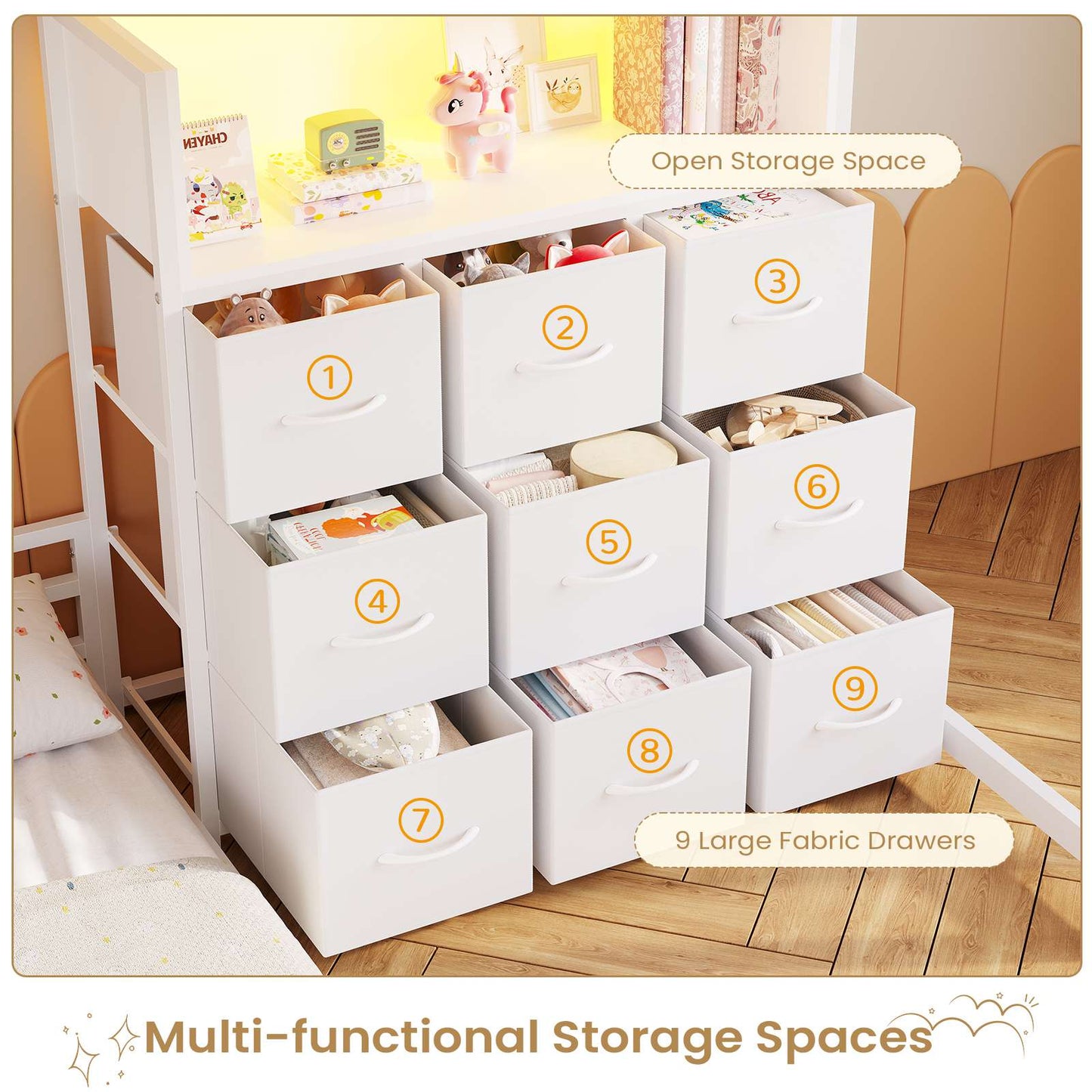 Hasuit | Twin Over Twin Bunk Bed with 9 Storage Drawers Bunk Beds for Kids with LED Lights and Charging Station