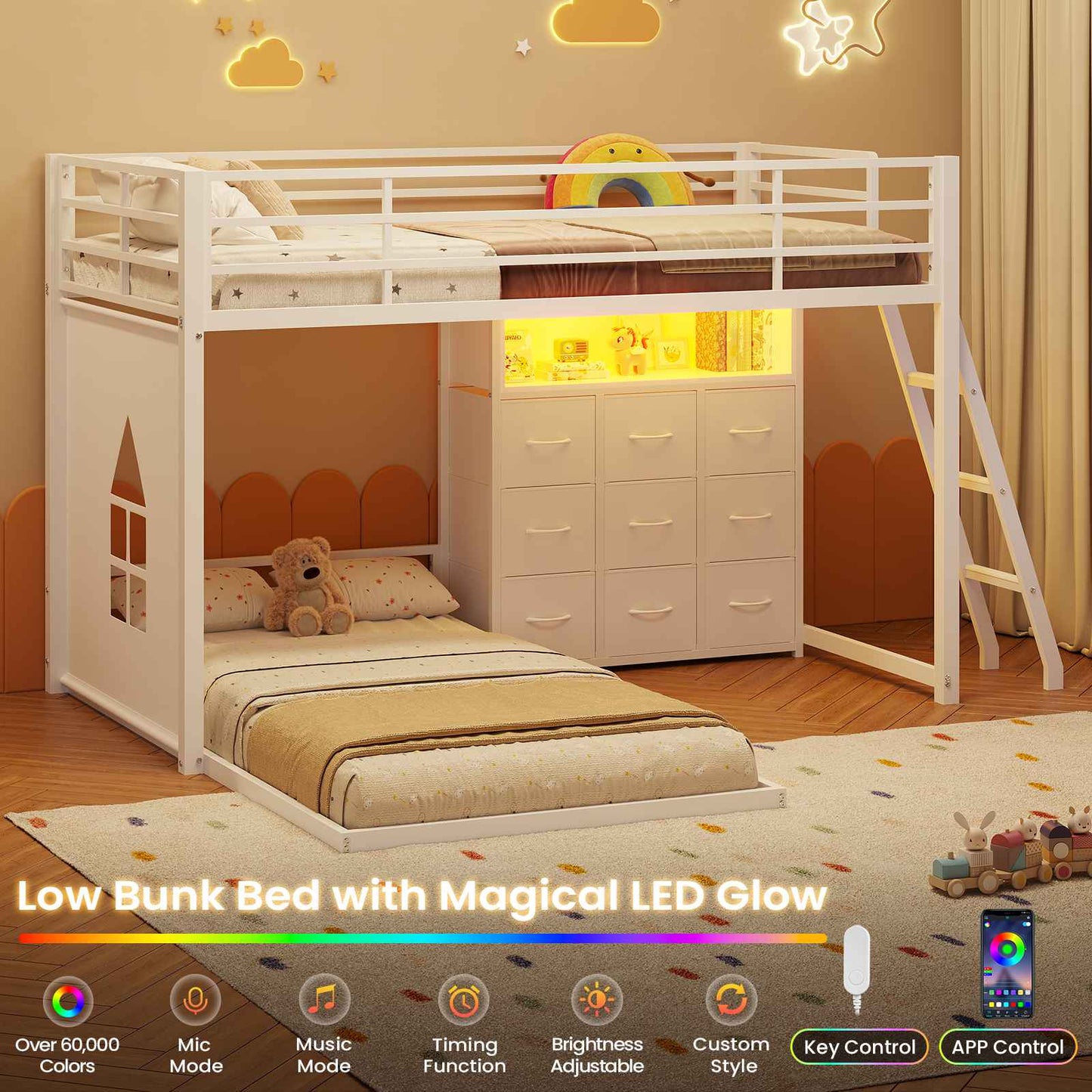 Hasuit | Twin Over Twin Bunk Bed with 9 Storage Drawers Bunk Beds for Kids with LED Lights and Charging Station