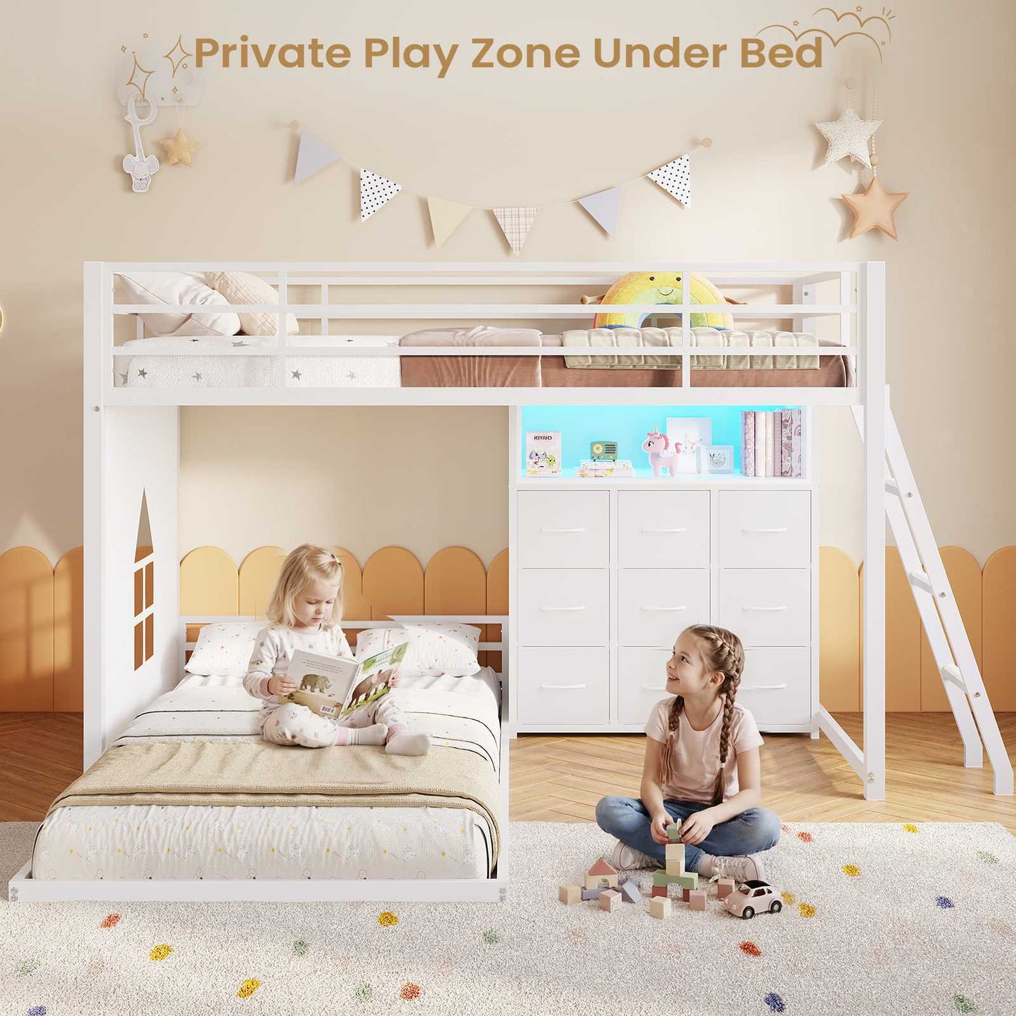 Hasuit | Twin Over Twin Bunk Bed with 9 Storage Drawers Bunk Beds for Kids with LED Lights and Charging Station