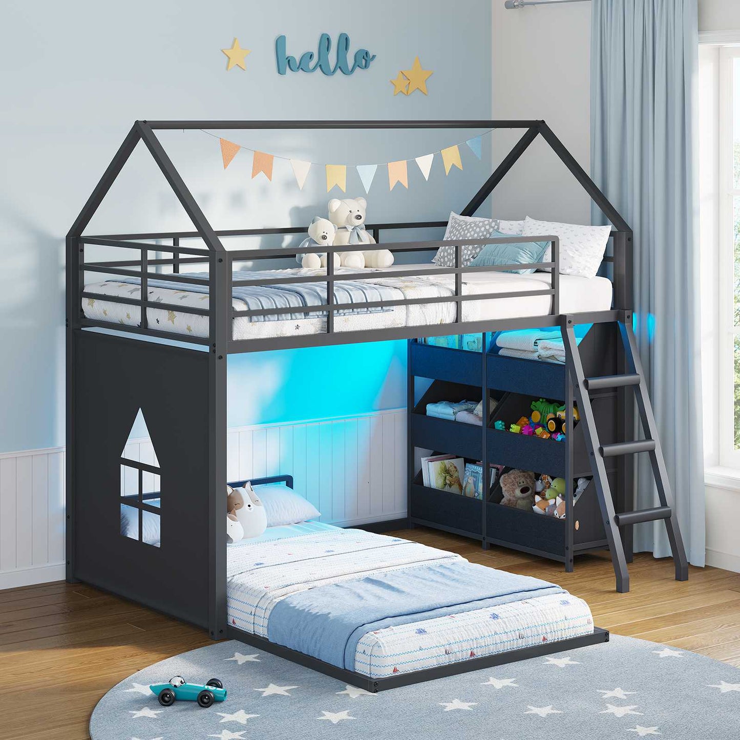 Hasuit | Low Bunk Bed Twin Over Twin with 6 Open Sliding Drawers and LED Light L shaped Floor Bunk Beds with Privacy curtain and Guardrail