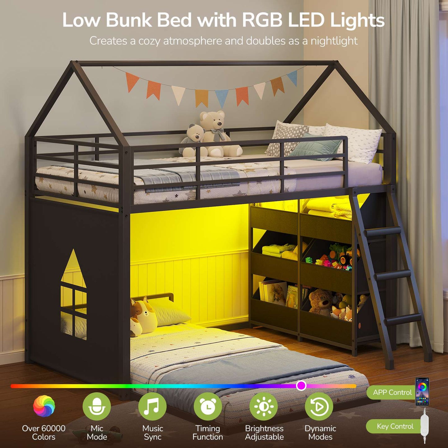 Hasuit | Low Bunk Bed Twin Over Twin with 6 Open Sliding Drawers and LED Light L shaped Floor Bunk Beds with Privacy curtain and Guardrail