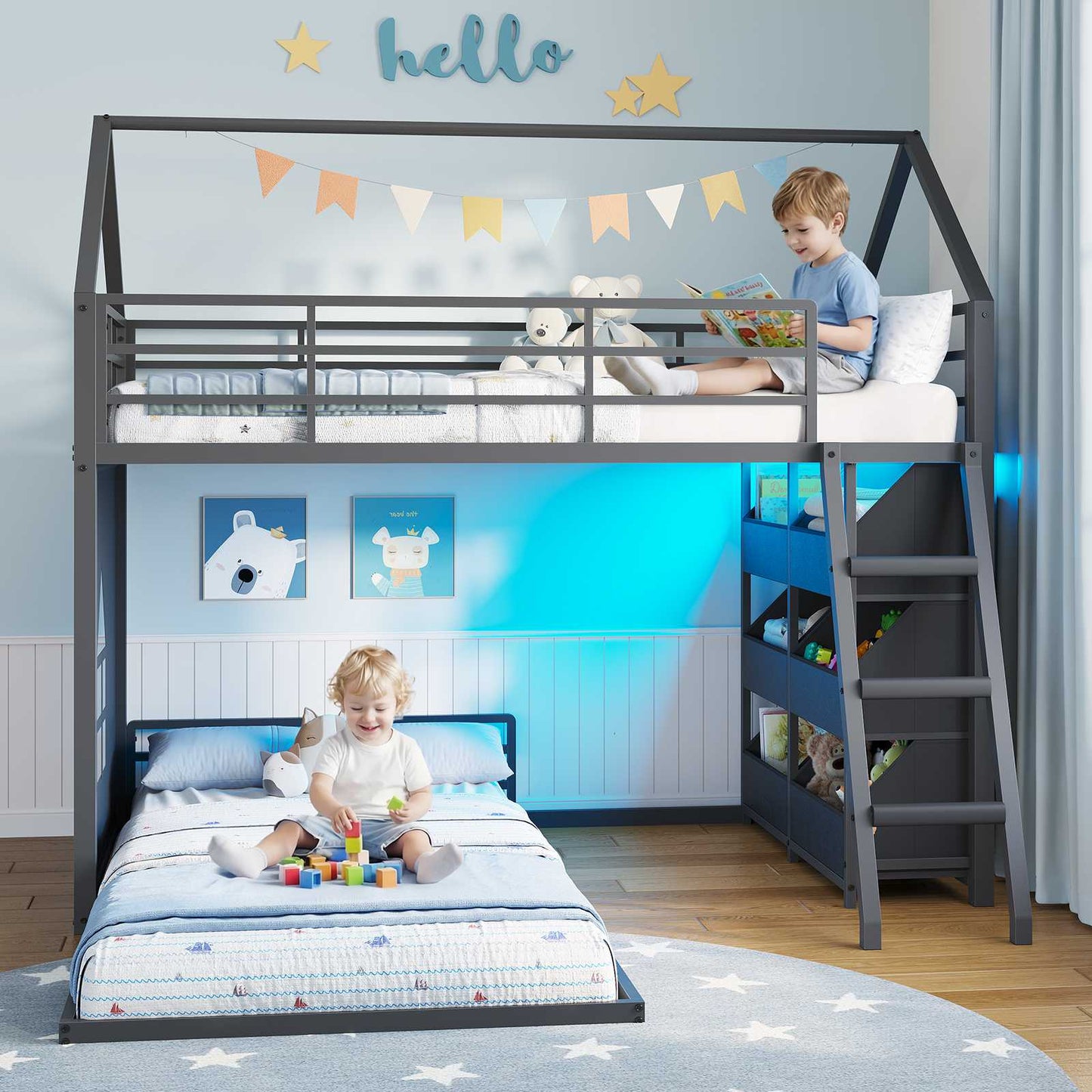 Hasuit | Low Bunk Bed Twin Over Twin with 6 Open Sliding Drawers and LED Light L shaped Floor Bunk Beds with Privacy curtain and Guardrail
