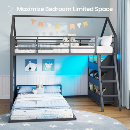 Hasuit | Low Bunk Bed Twin Over Twin with 6 Open Sliding Drawers and LED Light L shaped Floor Bunk Beds with Privacy curtain and Guardrail
