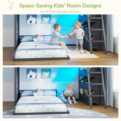 Hasuit | Low Bunk Bed Twin Over Twin with 6 Open Sliding Drawers and LED Light L shaped Floor Bunk Beds with Privacy curtain and Guardrail