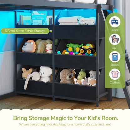 Hasuit | Low Bunk Bed Twin Over Twin with 6 Open Sliding Drawers and LED Light L shaped Floor Bunk Beds with Privacy curtain and Guardrail