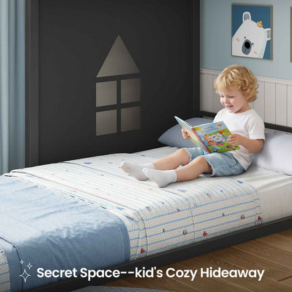 Hasuit | Low Bunk Bed Twin Over Twin with 6 Open Sliding Drawers and LED Light L shaped Floor Bunk Beds with Privacy curtain and Guardrail