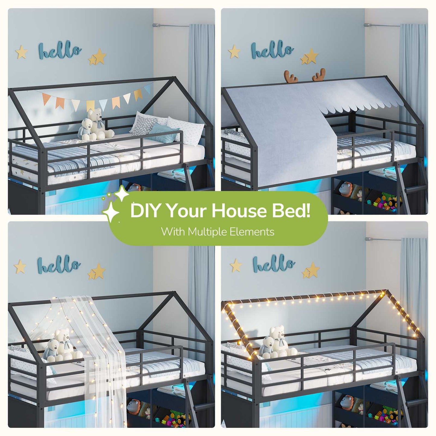 Hasuit | Low Bunk Bed Twin Over Twin with 6 Open Sliding Drawers and LED Light L shaped Floor Bunk Beds with Privacy curtain and Guardrail