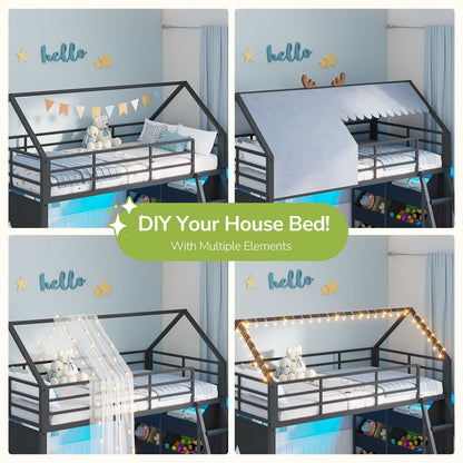 Hasuit | Low Bunk Bed Twin Over Twin with 6 Open Sliding Drawers and LED Light L shaped Floor Bunk Beds with Privacy curtain and Guardrail