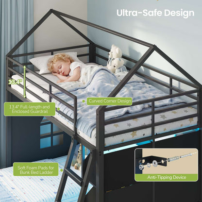 Hasuit | Low Bunk Bed Twin Over Twin with 6 Open Sliding Drawers and LED Light L shaped Floor Bunk Beds with Privacy curtain and Guardrail