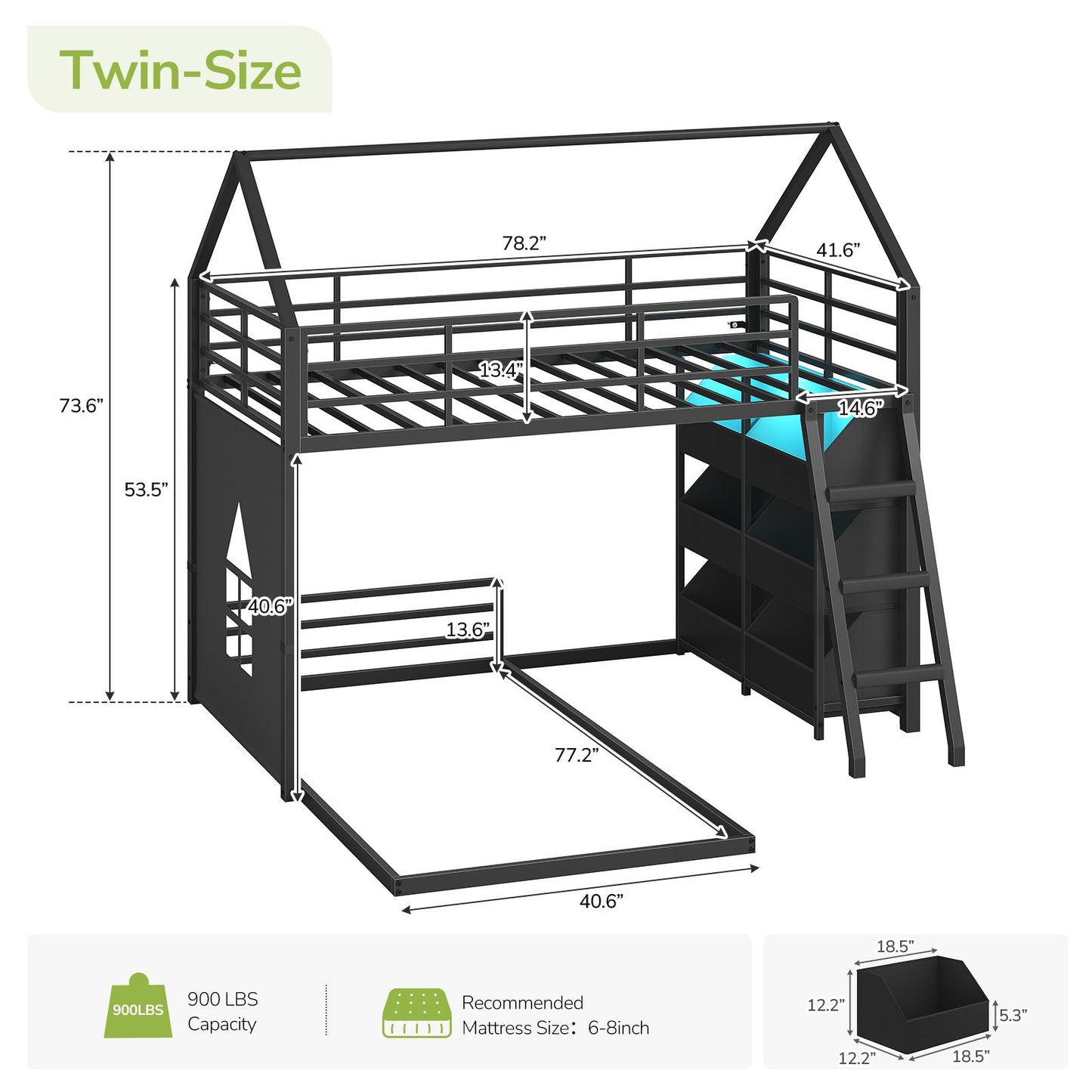 Hasuit | Low Bunk Bed Twin Over Twin with 6 Open Sliding Drawers and LED Light L shaped Floor Bunk Beds with Privacy curtain and Guardrail